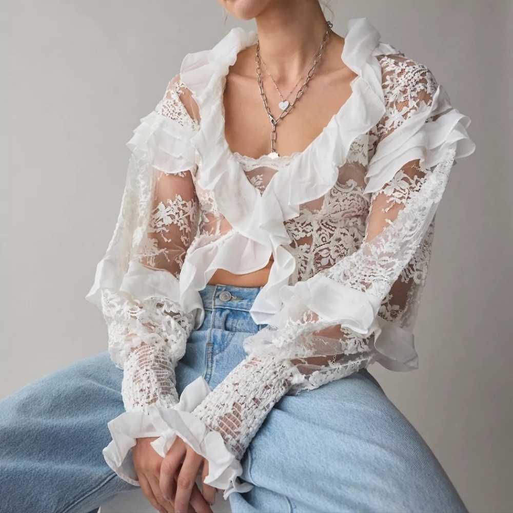 For Love & Lemons Holiday Lace Blouse (SAMPLE) Silk Top S Romantic Sheer Lace
